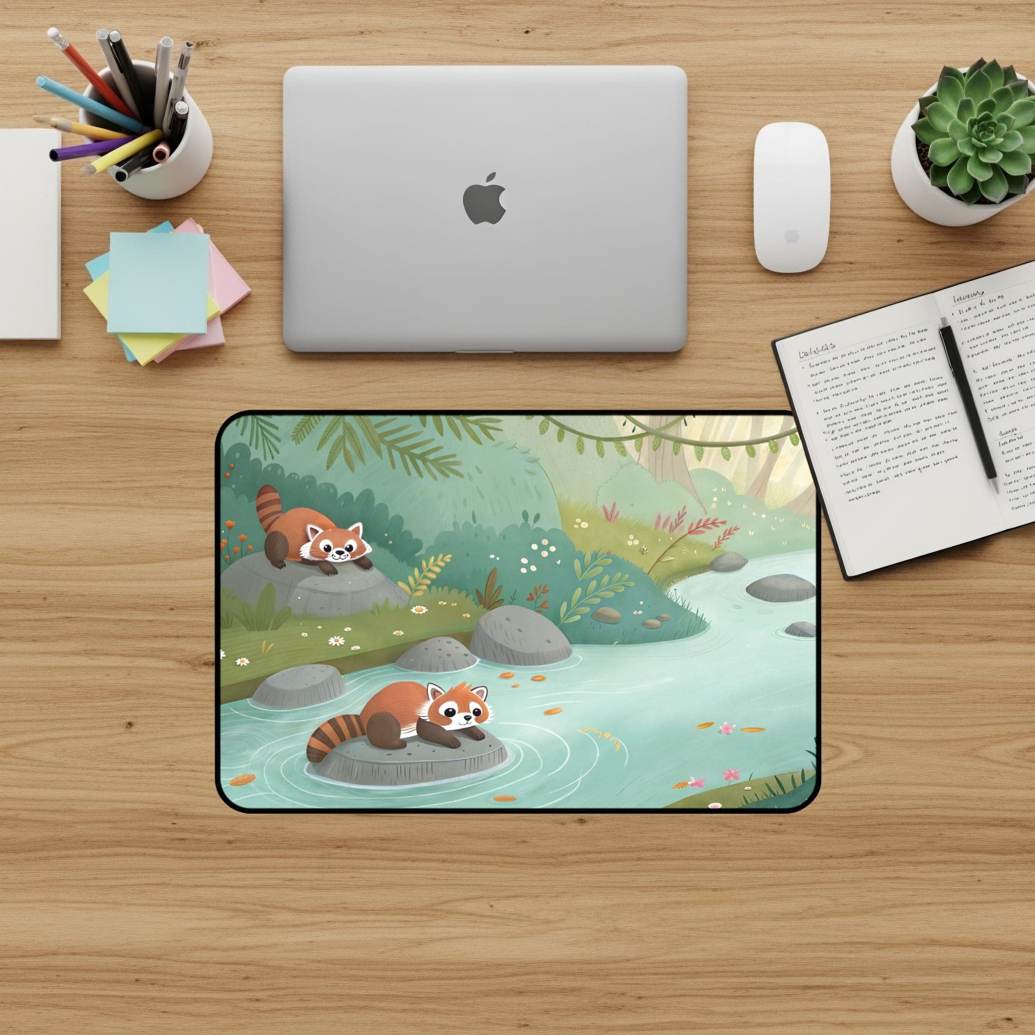 Roter Panda Schreibtischunterlage, Fluss-Mauspad, Süße Schreibtischunterlage, Wald-Schreibtischzubehör, Tier-Schreibtischunterlage, Gaming-Mauspad, Büro-Deko