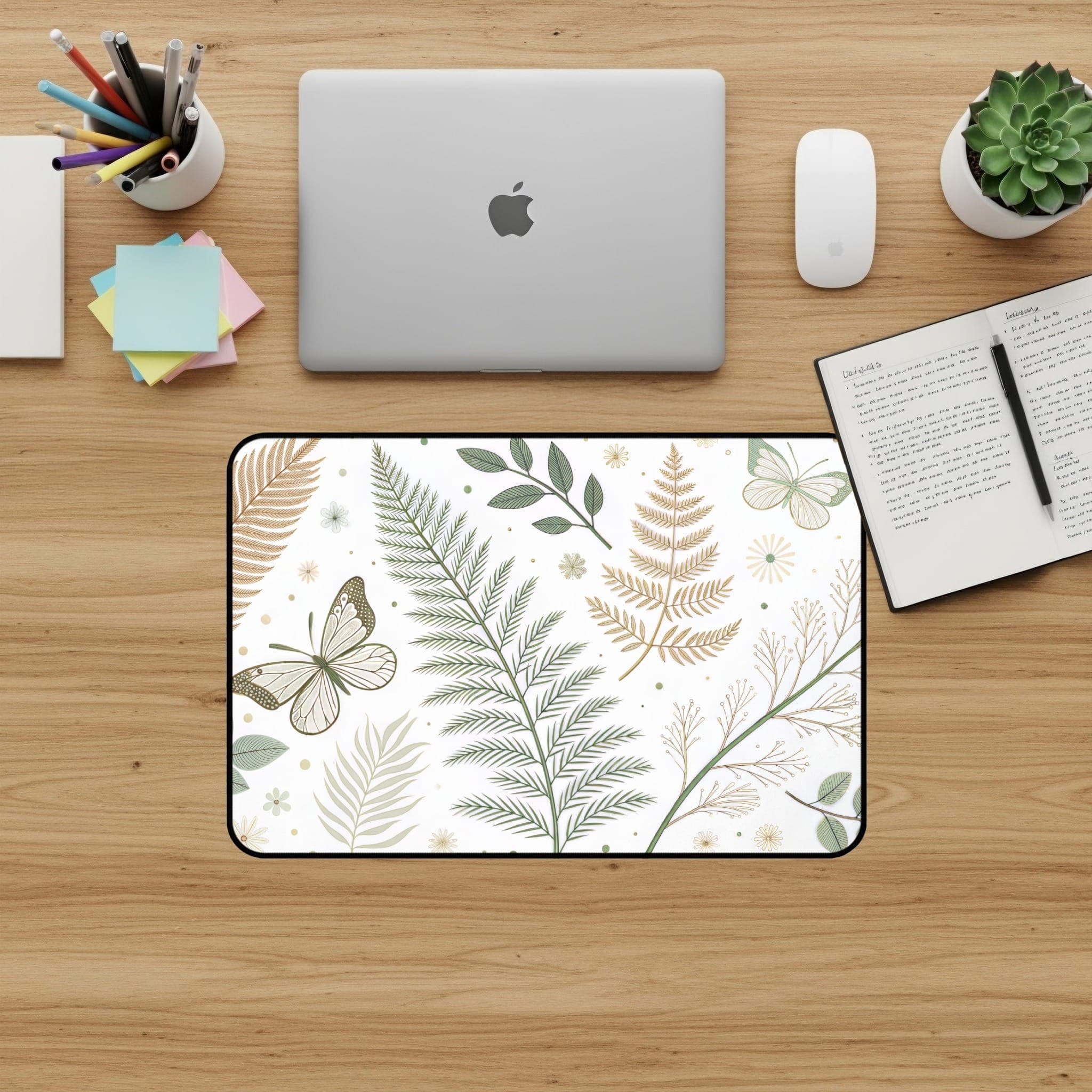 Botanische Schreibtischunterlage, Farn-Mauspad, Schmetterlings-Schreibtischunterlage, Natur-Schreibtisch-Accessoire, Florale Schreibtischunterlage, Stilvolle Büro-Deko, Großes Gaming-Mauspad