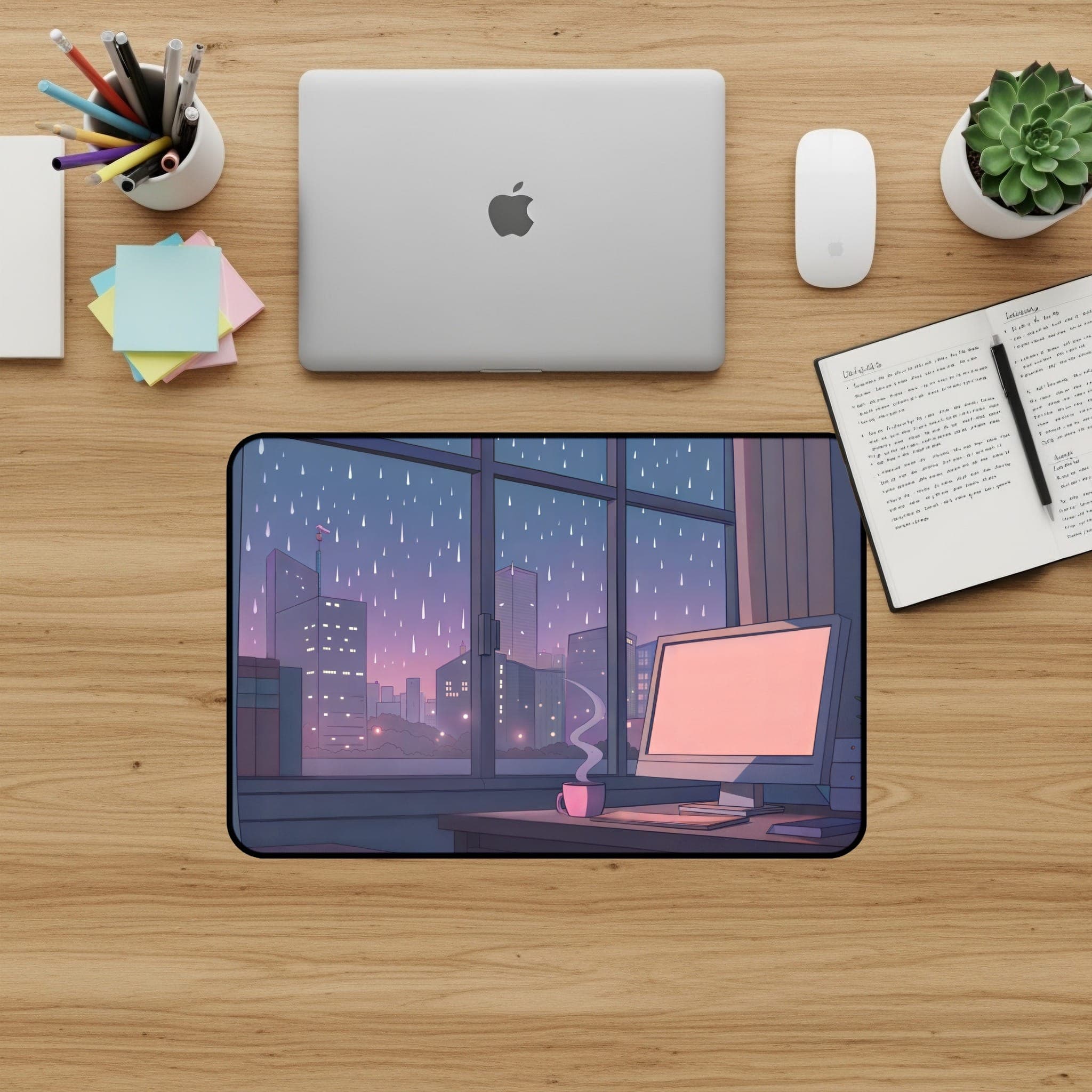 Rainy Day Desk Mat, Cityscape Mousepad, Lofi Desk Pad, Ästhetisches Schreibtisch-Zubehör, Gemütliche Computer-Matte, Kawaii Desk Mat für das Work-Setup