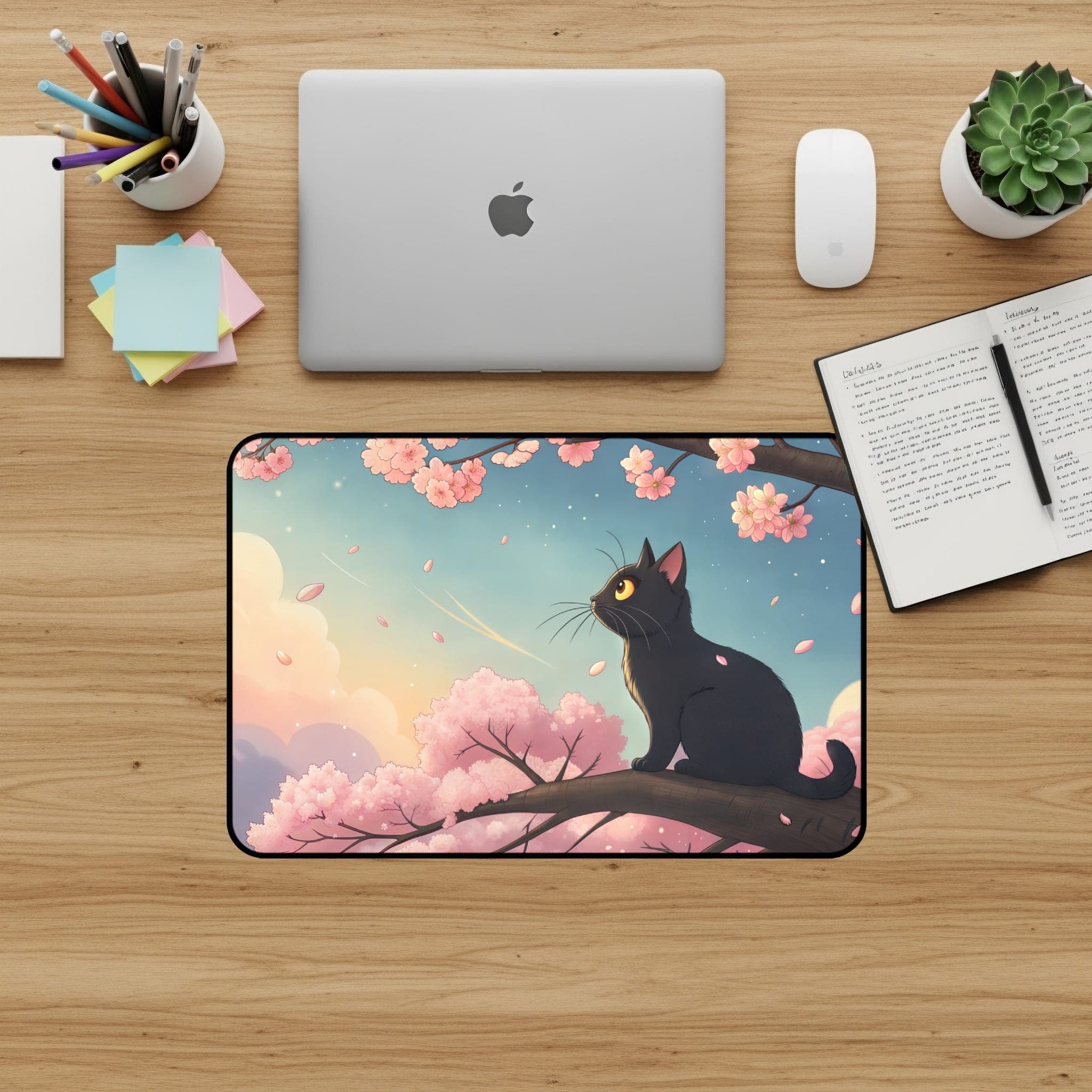 Schwarze Katze Schreibtischunterlage, Sakura-Baum Mauspad, Ästhetische Schreibunterlage, Kawaii Schreibtisch-Accessoires, Süße Büro-Deko, Gaming-Schreibtischunterlage