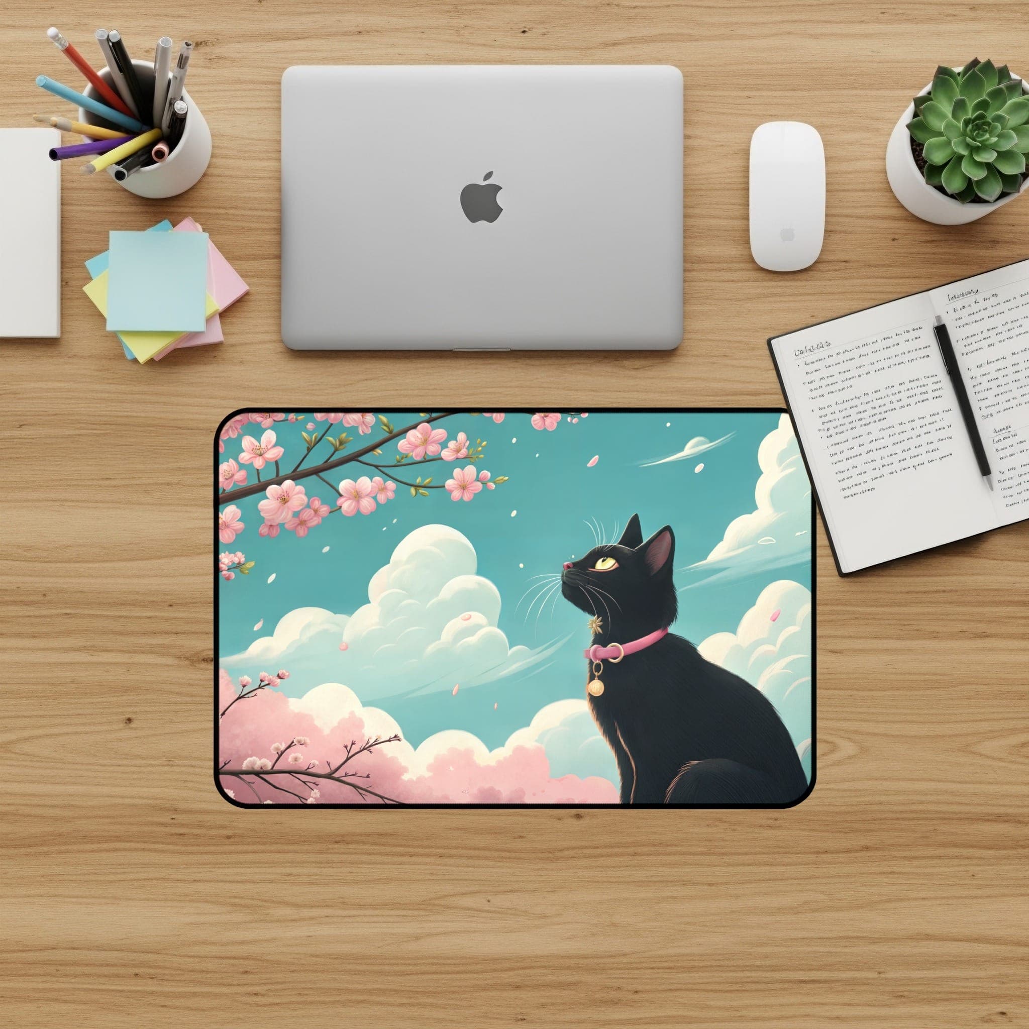 Schwarze Katze Schreibtischunterlage, Kirschblüten-Mauspad, Süße Schreibtischunterlage, Ästhetisches Schreibtisch-Zubehör, Geschenk für Katzenliebhaber, Großes Gaming-Mauspad