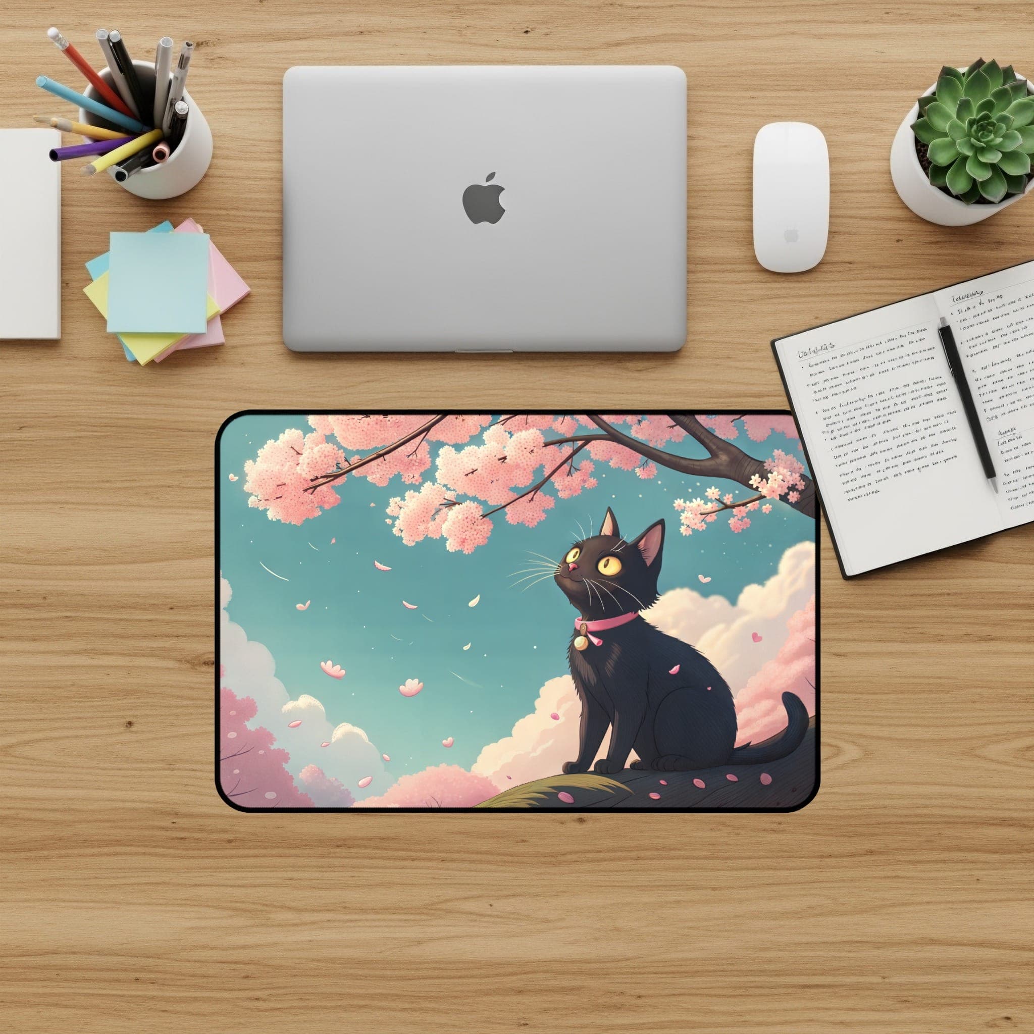 Black Cat Desk Mat, Cherry Blossom Mouse Pad, Cute Desk Pad, Cat Lover Gift, Kawaii Desk Accessories