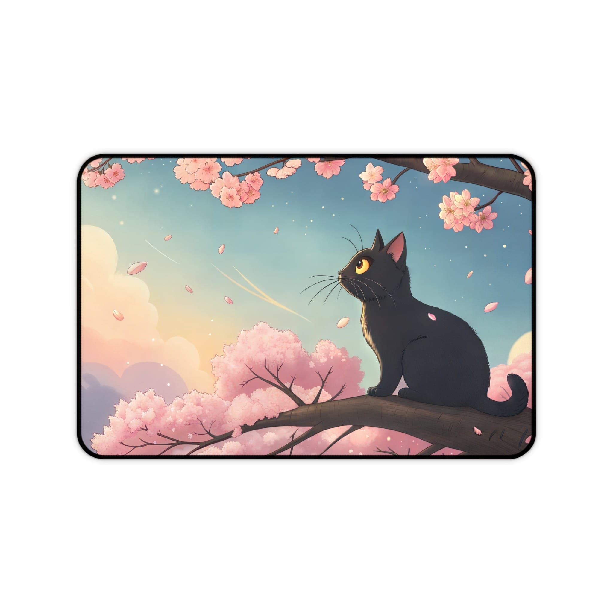 Schwarze Katze Schreibtischunterlage, Sakura-Baum Mauspad, Ästhetische Schreibunterlage, Kawaii Schreibtisch-Accessoires, Süße Büro-Deko, Gaming-Schreibtischunterlage