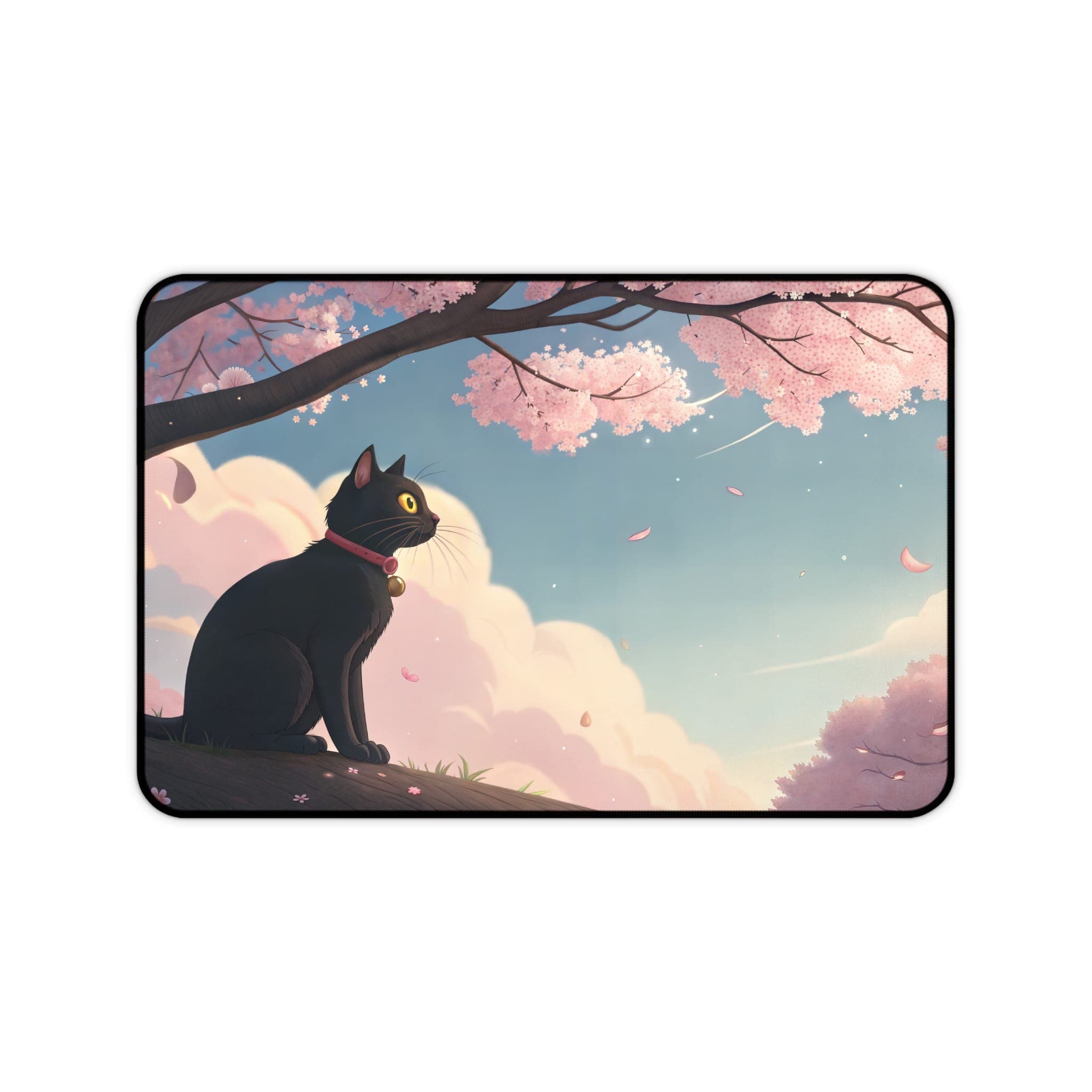 Black Cat Desk Mat, Sakura Desk Pad, Japanese Cherry Blossom Mouse Pad, Aesthetic Desk Accessories, Cute Desk Mat, Computer Mat, Desk Decor