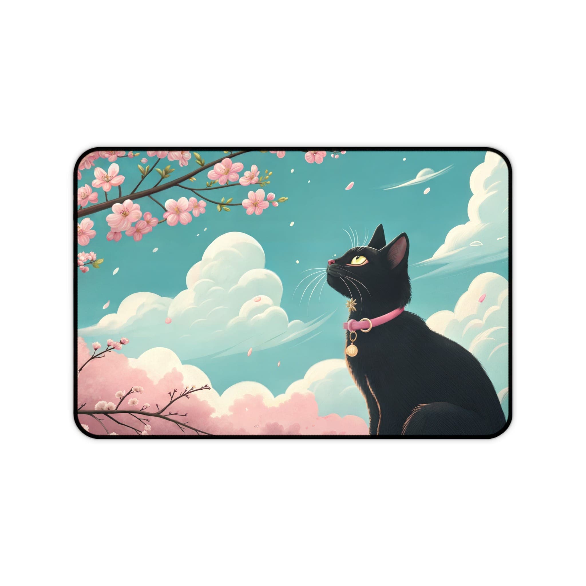 Schwarze Katze Schreibtischunterlage, Kirschblüten-Mauspad, Süße Schreibtischunterlage, Ästhetisches Schreibtisch-Zubehör, Geschenk für Katzenliebhaber, Großes Gaming-Mauspad