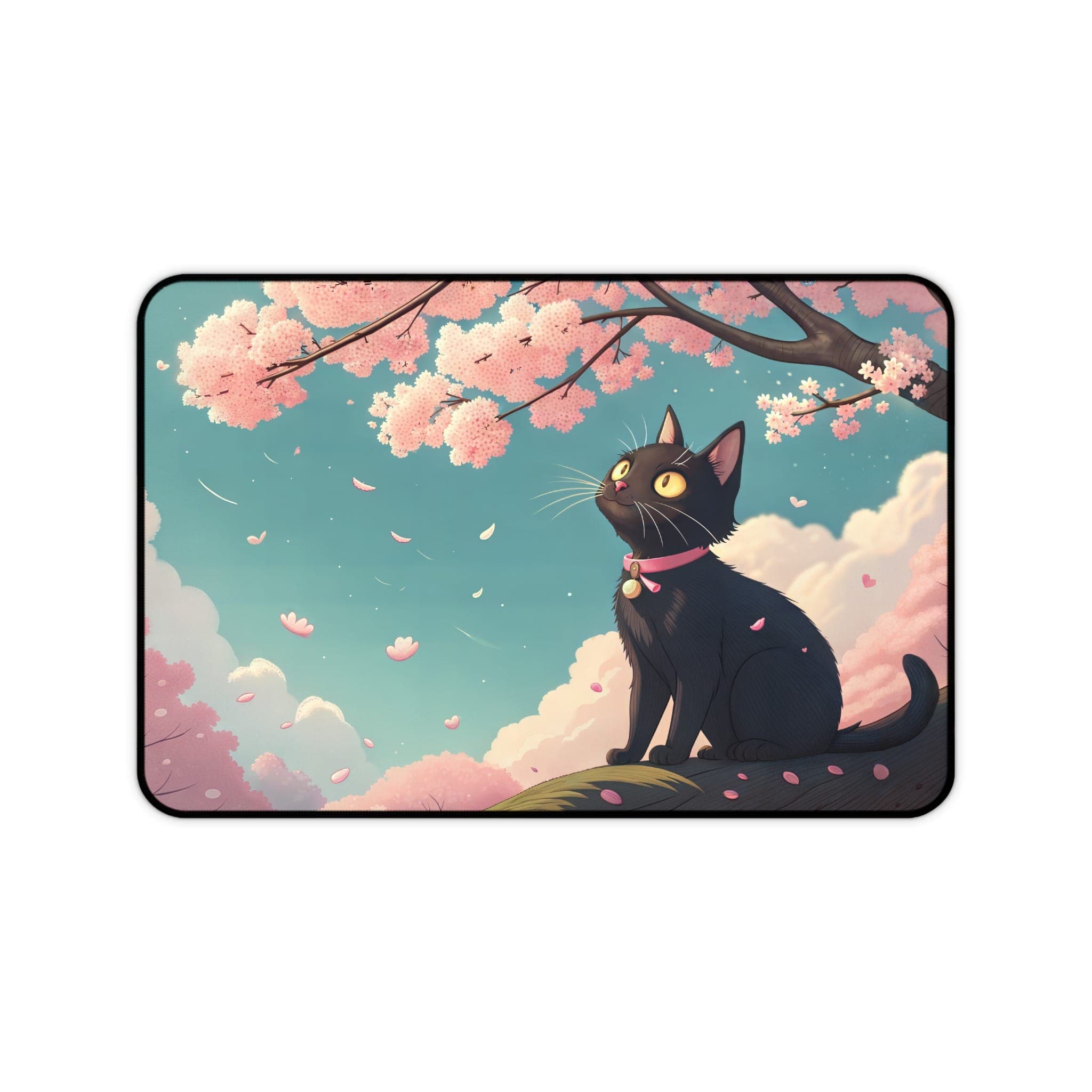 Black Cat Desk Mat, Cherry Blossom Mouse Pad, Cute Desk Pad, Cat Lover Gift, Kawaii Desk Accessories