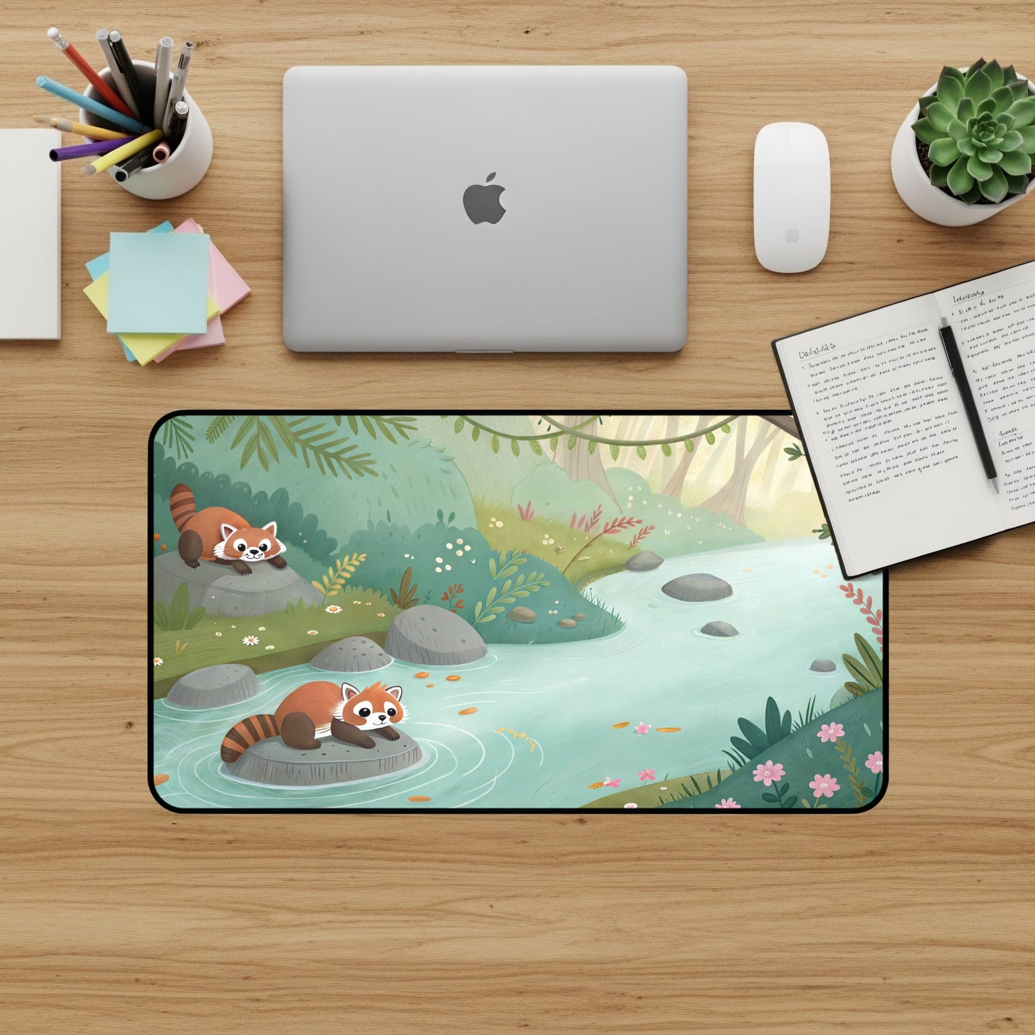 Roter Panda Schreibtischunterlage, Fluss-Mauspad, Süße Schreibtischunterlage, Wald-Schreibtischzubehör, Tier-Schreibtischunterlage, Gaming-Mauspad, Büro-Deko