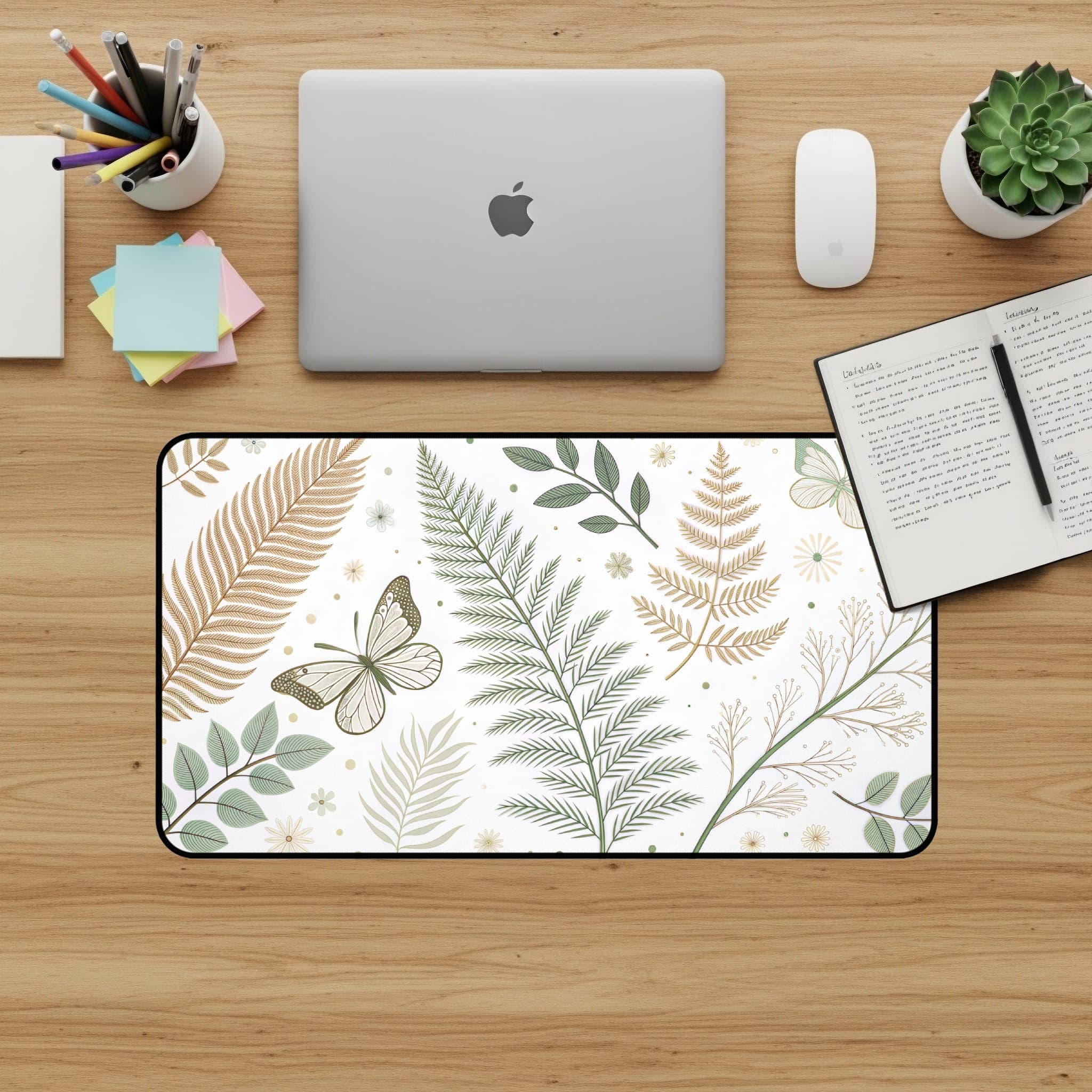 Botanische Schreibtischunterlage, Farn-Mauspad, Schmetterlings-Schreibtischunterlage, Natur-Schreibtisch-Accessoire, Florale Schreibtischunterlage, Stilvolle Büro-Deko, Großes Gaming-Mauspad