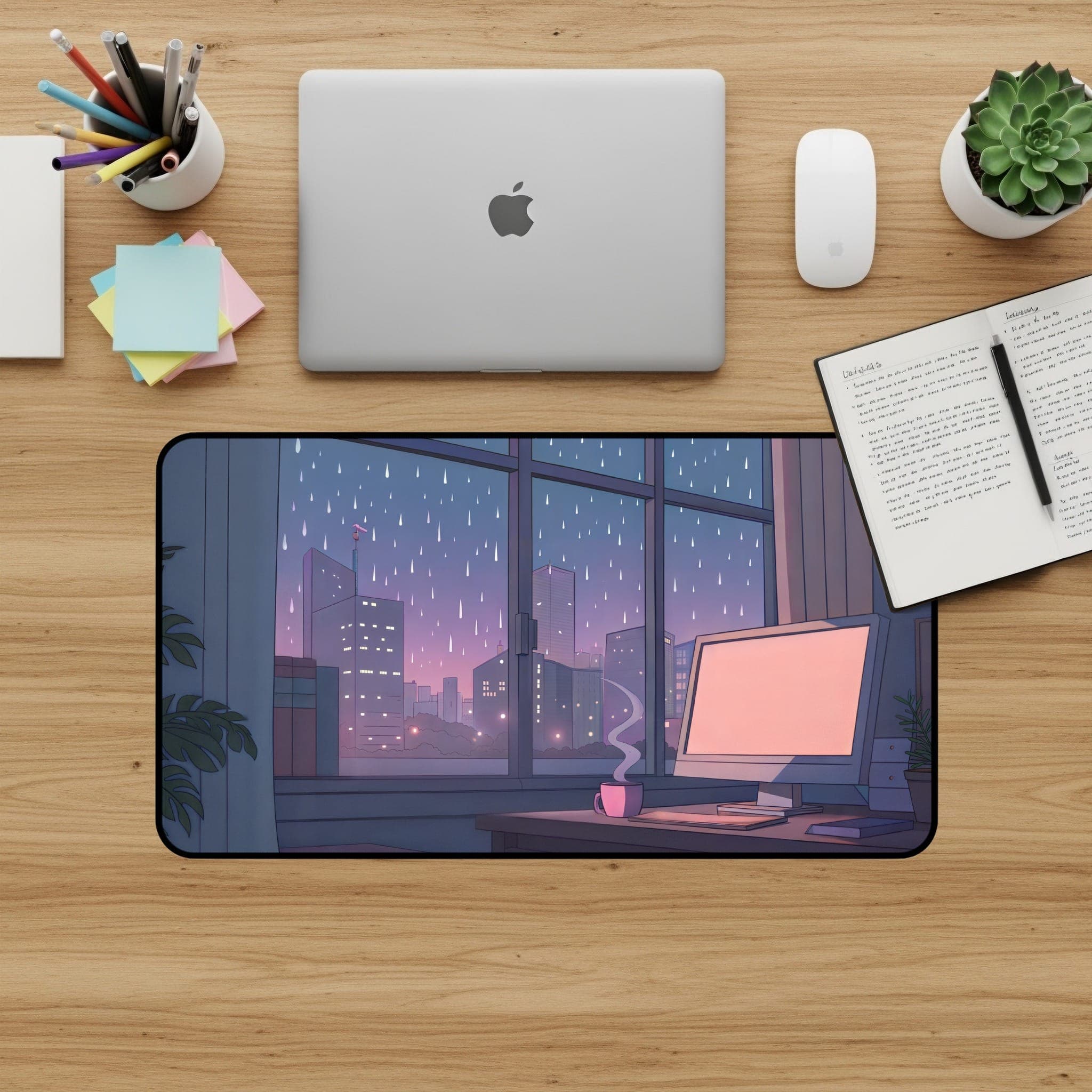 Rainy Day Desk Mat, Cityscape Mousepad, Lofi Desk Pad, Ästhetisches Schreibtisch-Zubehör, Gemütliche Computer-Matte, Kawaii Desk Mat für das Work-Setup