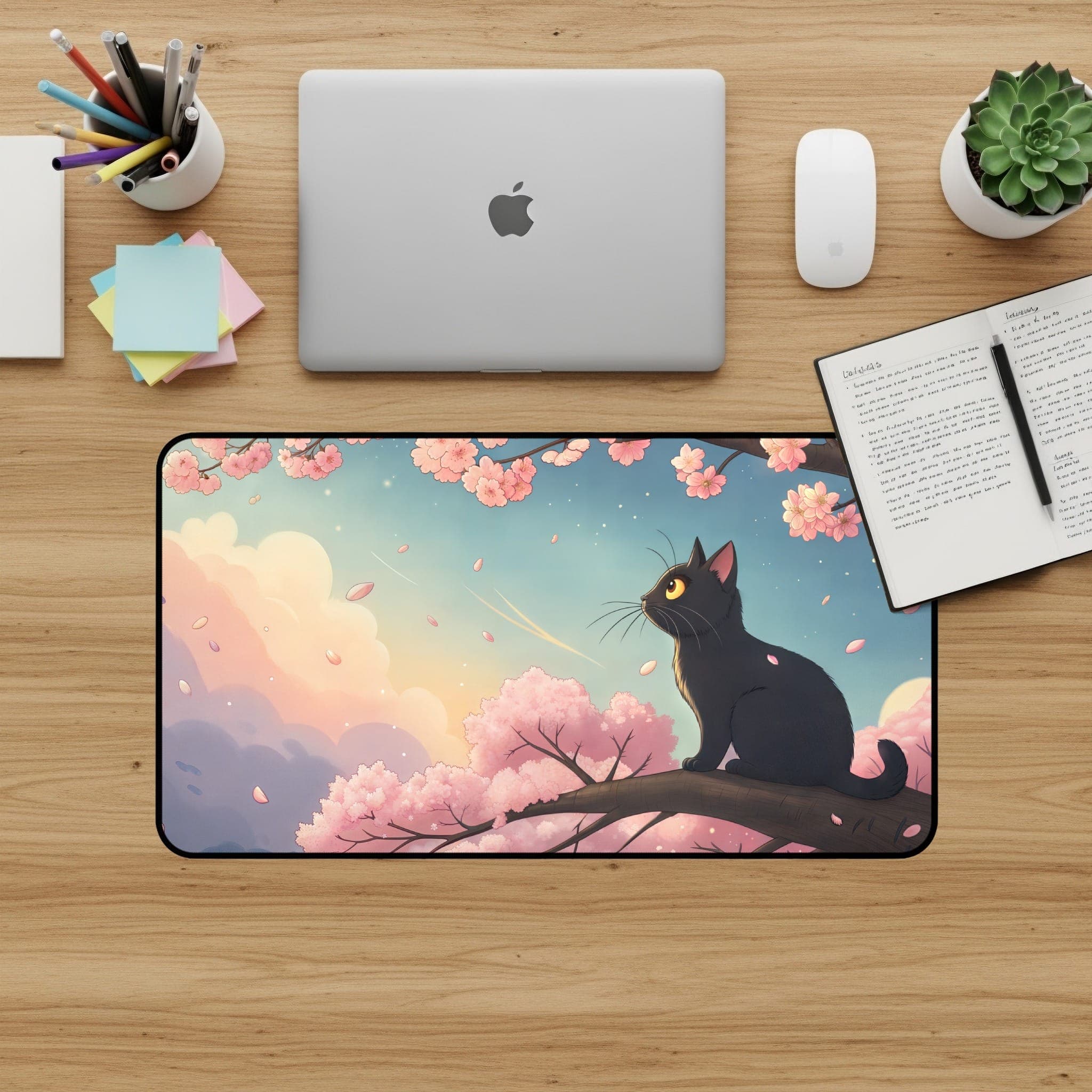 Schwarze Katze Schreibtischunterlage, Sakura-Baum Mauspad, Ästhetische Schreibunterlage, Kawaii Schreibtisch-Accessoires, Süße Büro-Deko, Gaming-Schreibtischunterlage