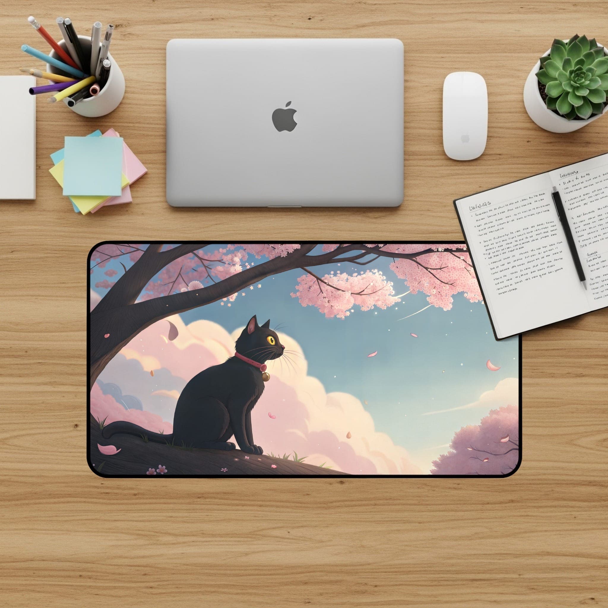 Black Cat Desk Mat, Sakura Desk Pad, Japanese Cherry Blossom Mouse Pad, Aesthetic Desk Accessories, Cute Desk Mat, Computer Mat, Desk Decor