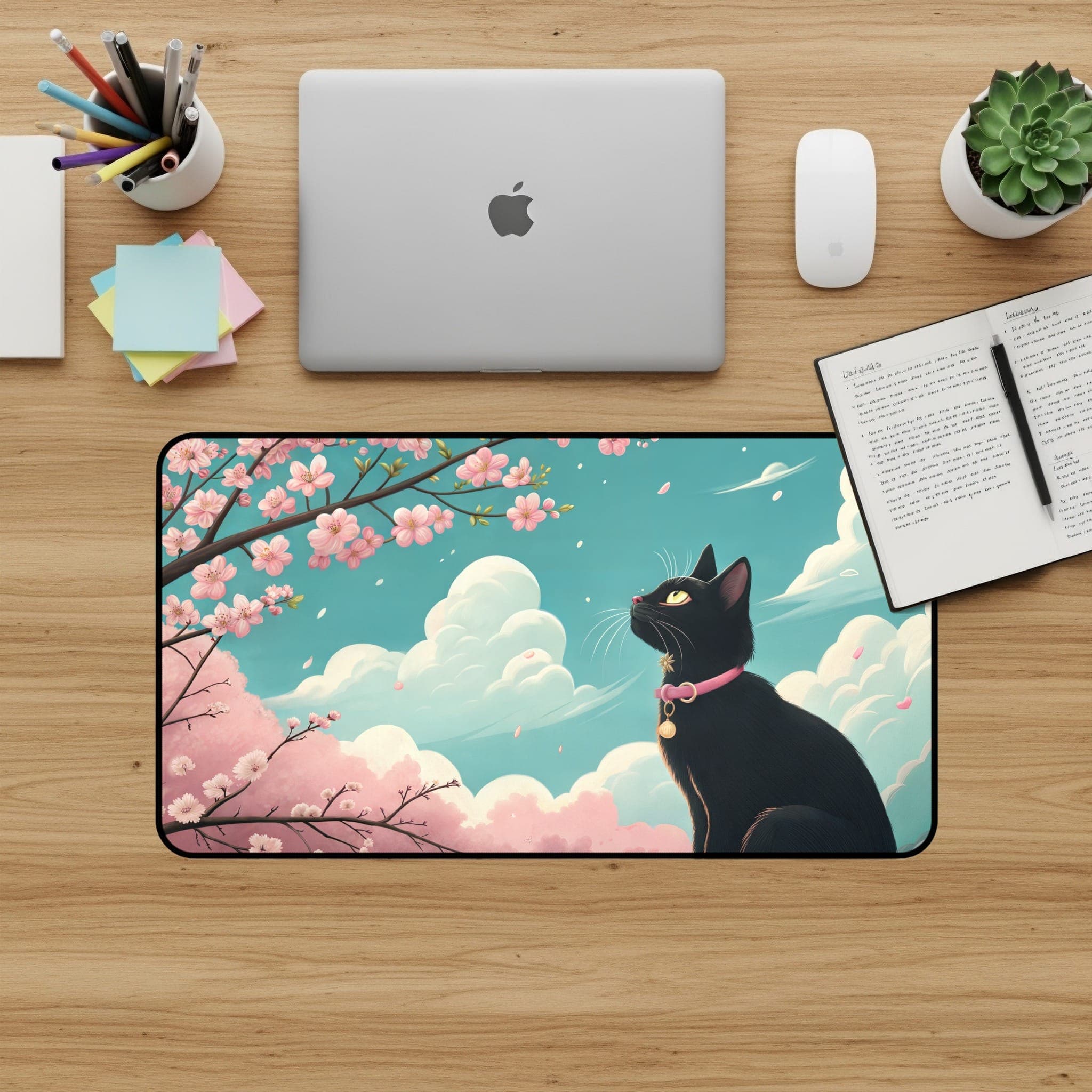 Schwarze Katze Schreibtischunterlage, Kirschblüten-Mauspad, Süße Schreibtischunterlage, Ästhetisches Schreibtisch-Zubehör, Geschenk für Katzenliebhaber, Großes Gaming-Mauspad