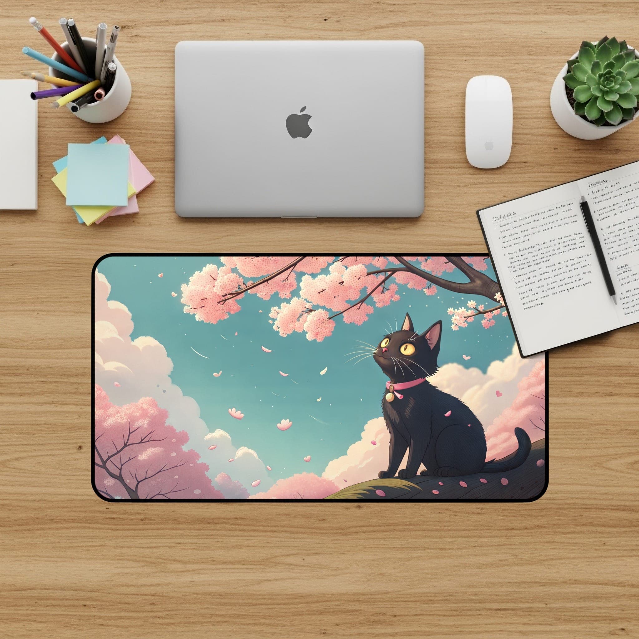 Black Cat Desk Mat, Cherry Blossom Mouse Pad, Cute Desk Pad, Cat Lover Gift, Kawaii Desk Accessories