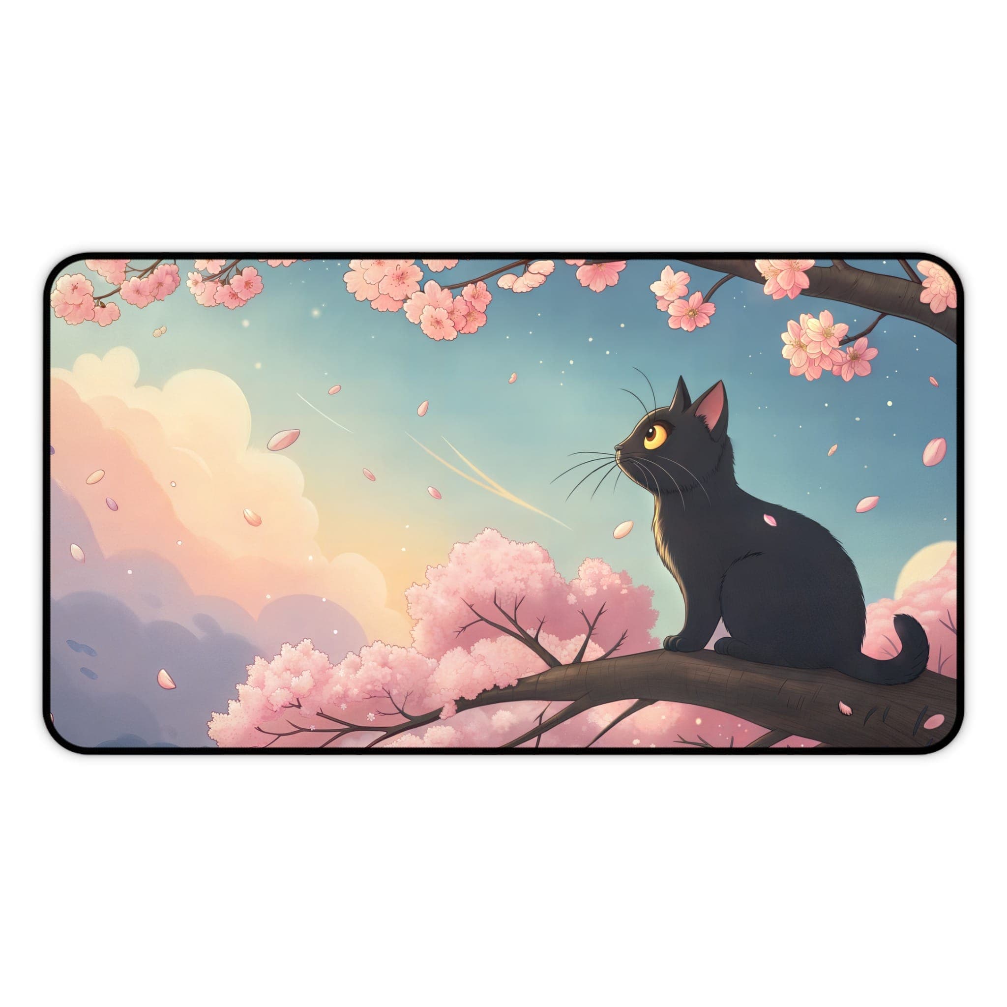 Schwarze Katze Schreibtischunterlage, Sakura-Baum Mauspad, Ästhetische Schreibunterlage, Kawaii Schreibtisch-Accessoires, Süße Büro-Deko, Gaming-Schreibtischunterlage