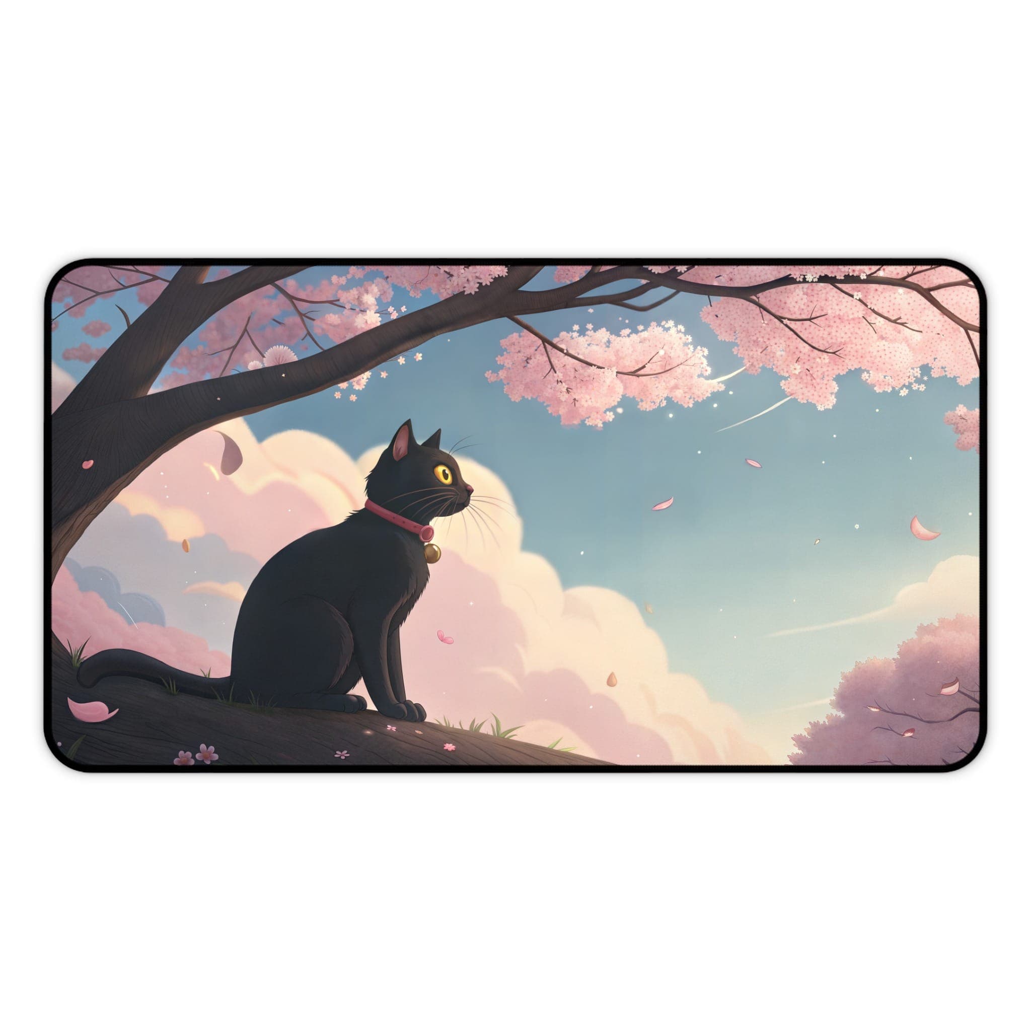 Black Cat Desk Mat, Sakura Desk Pad, Japanese Cherry Blossom Mouse Pad, Aesthetic Desk Accessories, Cute Desk Mat, Computer Mat, Desk Decor