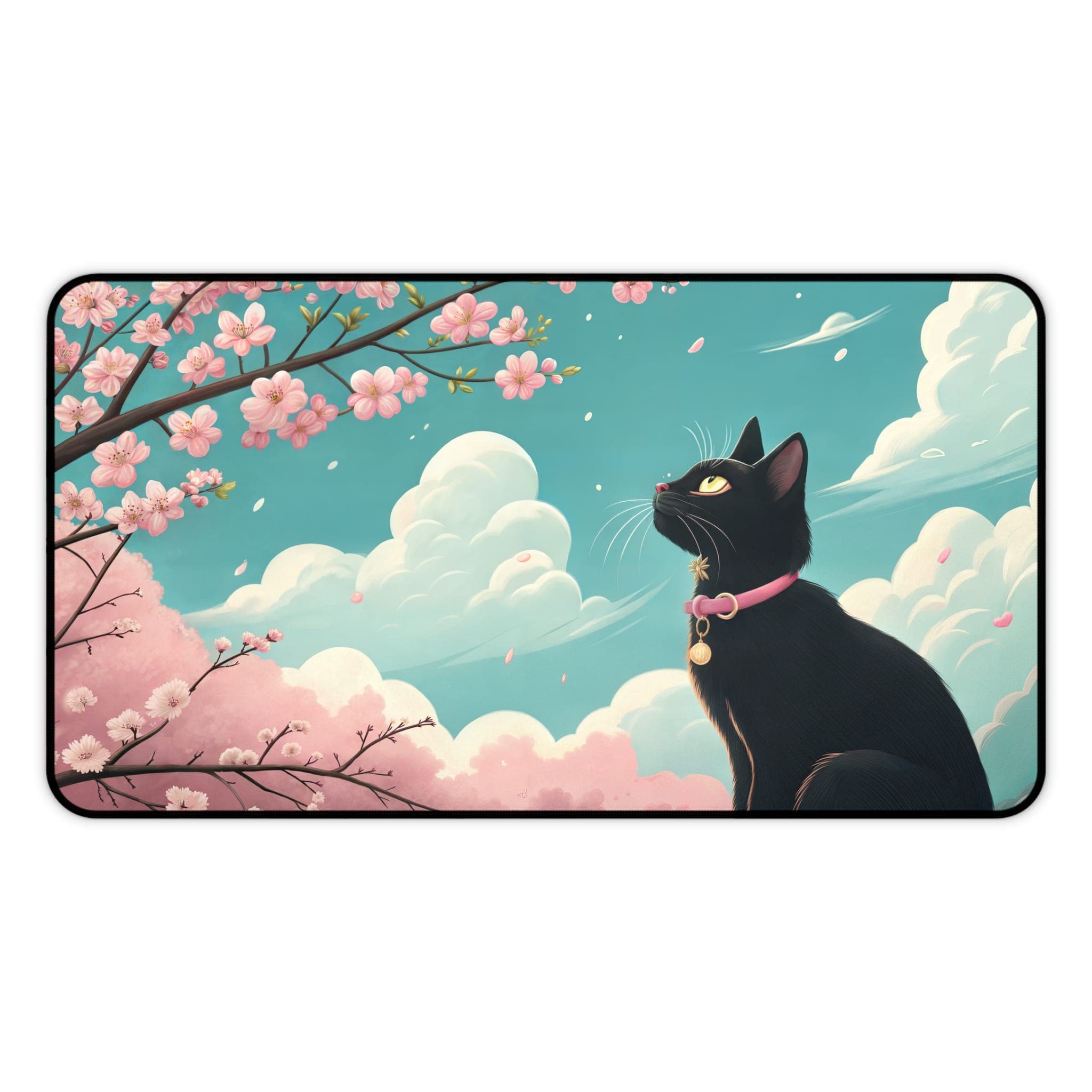Schwarze Katze Schreibtischunterlage, Kirschblüten-Mauspad, Süße Schreibtischunterlage, Ästhetisches Schreibtisch-Zubehör, Geschenk für Katzenliebhaber, Großes Gaming-Mauspad