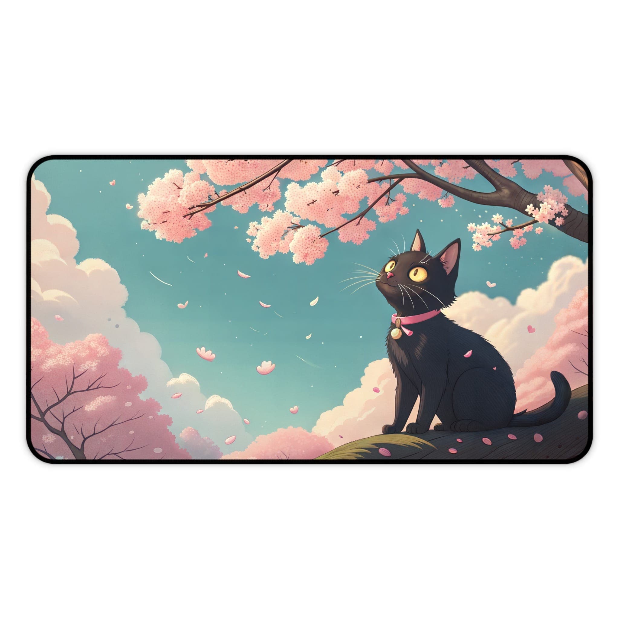 Black Cat Desk Mat, Cherry Blossom Mouse Pad, Cute Desk Pad, Cat Lover Gift, Kawaii Desk Accessories