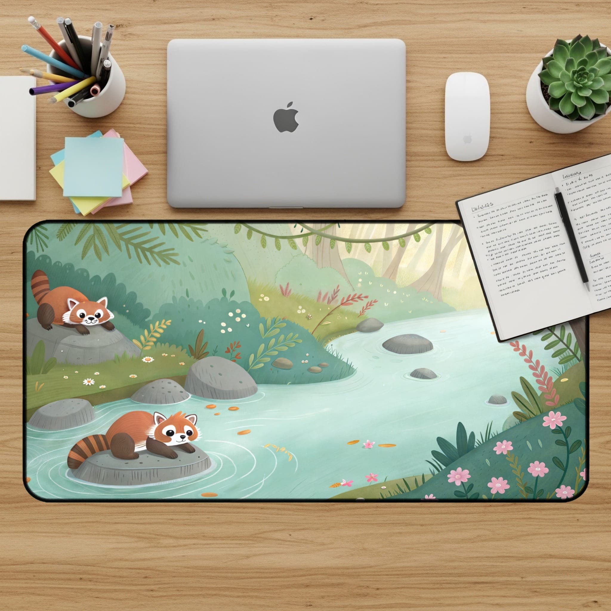 Roter Panda Schreibtischunterlage, Fluss-Mauspad, Süße Schreibtischunterlage, Wald-Schreibtischzubehör, Tier-Schreibtischunterlage, Gaming-Mauspad, Büro-Deko