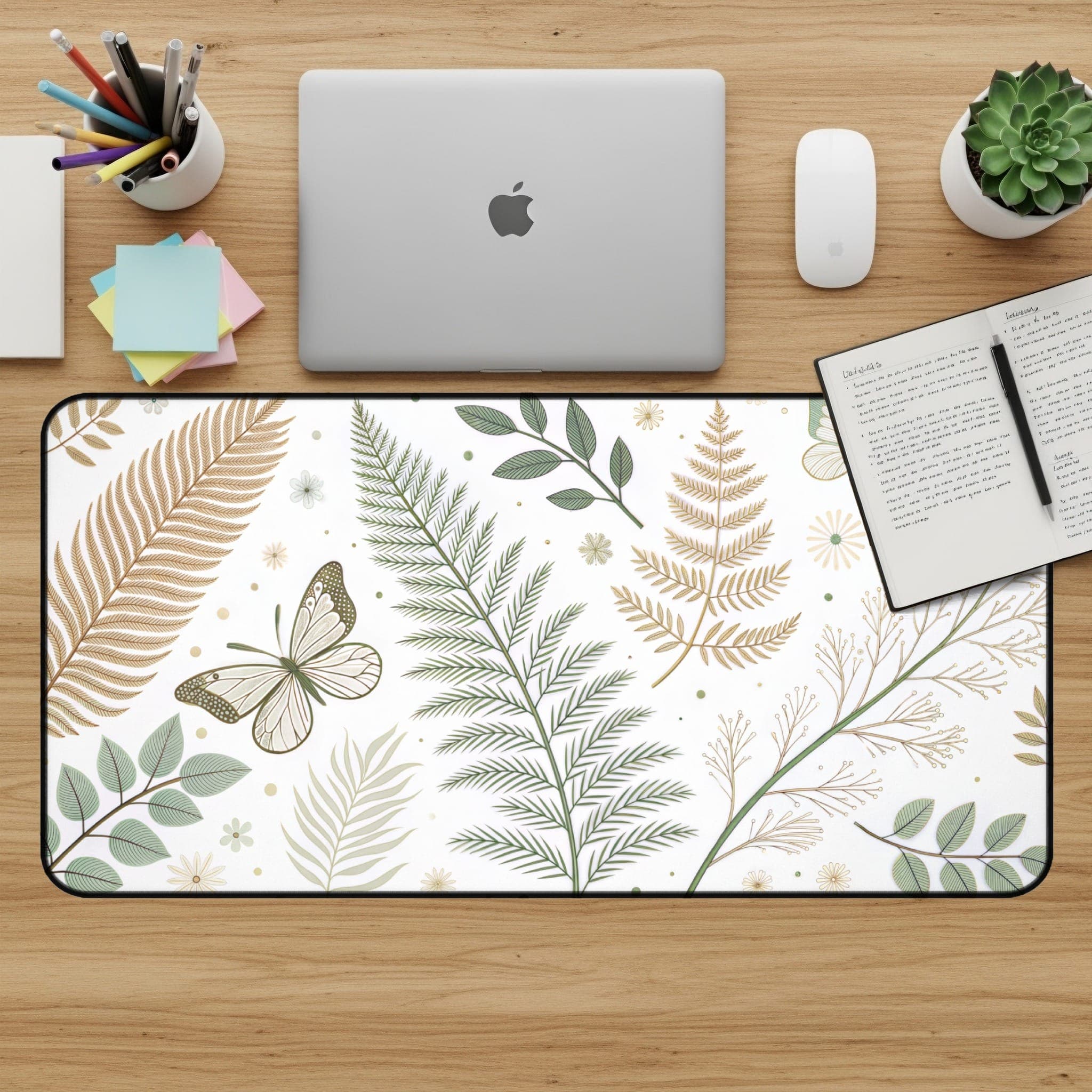 Botanische Schreibtischunterlage, Farn-Mauspad, Schmetterlings-Schreibtischunterlage, Natur-Schreibtisch-Accessoire, Florale Schreibtischunterlage, Stilvolle Büro-Deko, Großes Gaming-Mauspad