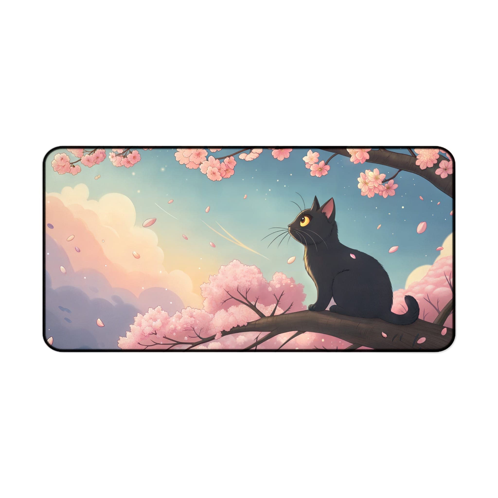 Schwarze Katze Schreibtischunterlage, Sakura-Baum Mauspad, Ästhetische Schreibunterlage, Kawaii Schreibtisch-Accessoires, Süße Büro-Deko, Gaming-Schreibtischunterlage