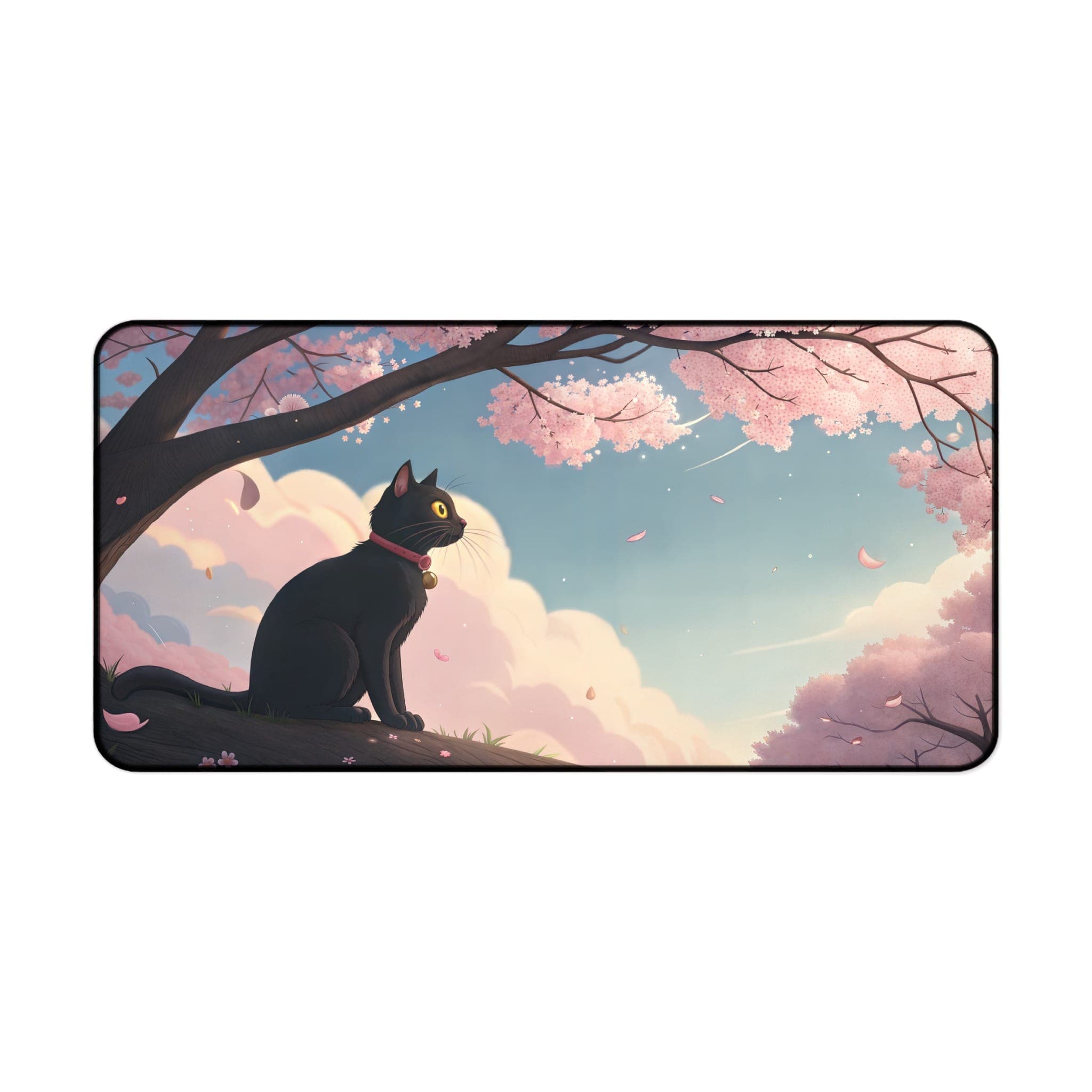 Black Cat Desk Mat, Sakura Desk Pad, Japanese Cherry Blossom Mouse Pad, Aesthetic Desk Accessories, Cute Desk Mat, Computer Mat, Desk Decor