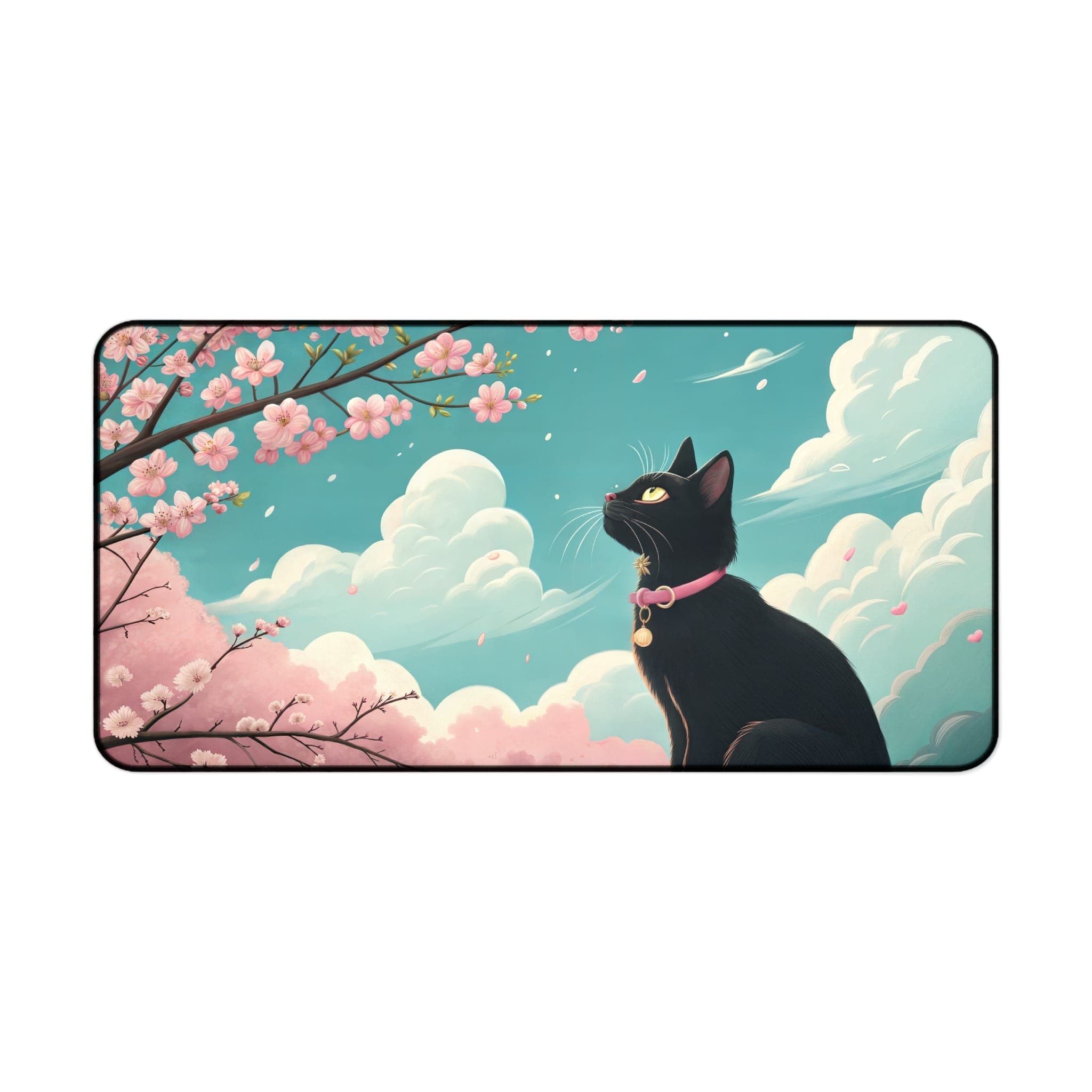 Schwarze Katze Schreibtischunterlage, Kirschblüten-Mauspad, Süße Schreibtischunterlage, Ästhetisches Schreibtisch-Zubehör, Geschenk für Katzenliebhaber, Großes Gaming-Mauspad