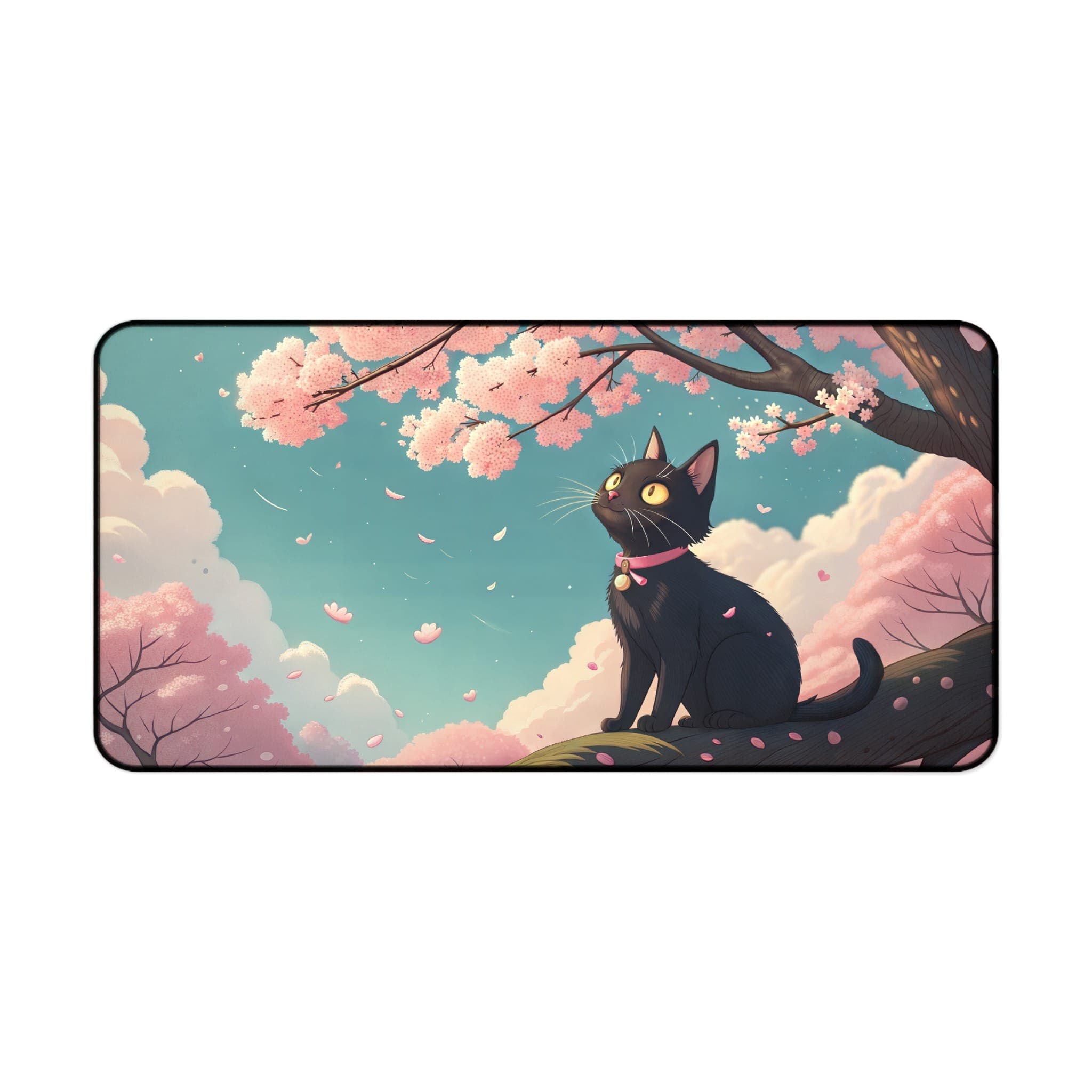 Black Cat Desk Mat, Cherry Blossom Mouse Pad, Cute Desk Pad, Cat Lover Gift, Kawaii Desk Accessories