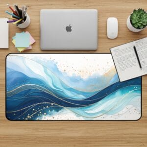 Abstract Wave Desk Mat, Watercolor Mouse Pad, Blue Desk Pad, Aesthetic Desk Accessories, Elegant Office Decor, Modern Workspace Desk Mat