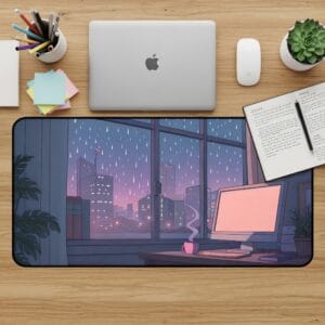 Rainy Day Desk Mat, Cityscape Mouse Pad, Lofi Desk Pad, Aesthetic Desk Accessories, Cozy Computer Mat, Kawaii Desk Mat for Work Setup