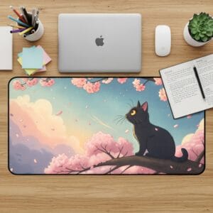 Black Cat Desk Mat, Sakura Tree Mouse Pad, Aesthetic Desk Pad, Kawaii Desk Accessories, Cute Office Decor, Gaming Desk Mat