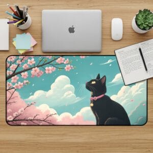 Black Cat Desk Mat, Cherry Blossom Mouse Pad, Cute Desk Pad, Aesthetic Desk Accessories, Cat Lover Gift, Extended Gaming Mousepad
