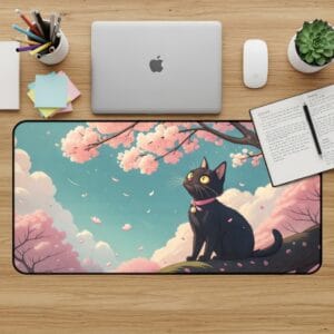 Black Cat Desk Mat, Cherry Blossom Mouse Pad, Cute Desk Pad, Cat Lover Gift, Kawaii Desk Accessories