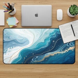 Abstract Desk Mat, Blue and Gold, Desk Pad, Mouse Pad, Desk Accessories, Office Decor, Aesthetic Desk Mat, Work From Home Desk Mat