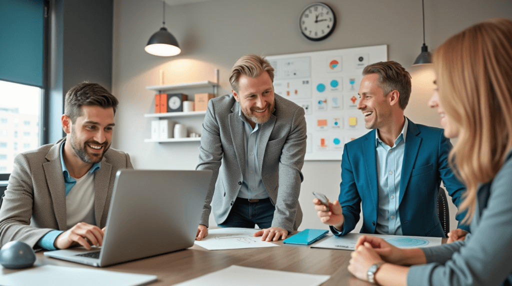 4 co-workers working in an office and talks about How to Start an Online Business